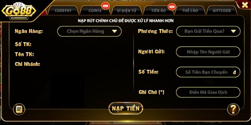 Tổng hợp hình thức nạp tiền GO88 nên biết